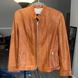 Silvia y Mario Argentina Cognac Tan Genuine Leather Cafe Racer Moto Jacket (M)